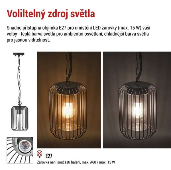 EMOS LED zahradní závěsné svítidlo SALVIA, 16 × 16 × 32 cm, 1 × E27, 15 W 1554001000