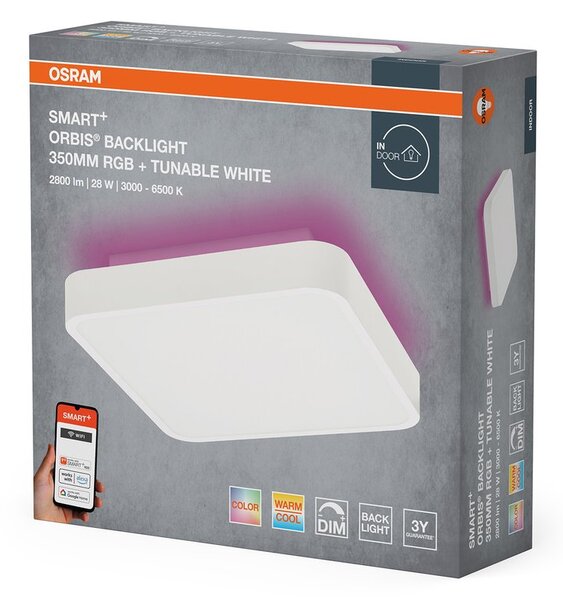 OSRAM OSRAM, ORBIS BACKLIGHT stropní svítidlo, 350x350mm, WIFI RGB + stmívatelné, OSRAM, 2800lm, 28W, IP20, bílá, AC314090255