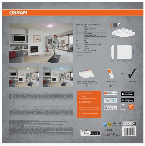 OSRAM OSRAM, ORBIS BACKLIGHT stropní svítidlo, 350x350mm, WIFI RGB + stmívatelné, OSRAM, 2800lm, 28W, IP20, bílá, AC314090255