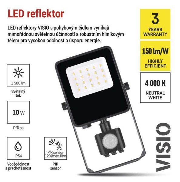 EMOS LED reflektor VISIO s pohybovým čidlem, 10 W, černý, neutrální bílá 1531291300