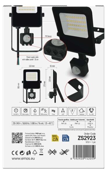 EMOS LED reflektor VISIO s pohybovým čidlem, 20 W, černý, neutrální bílá 1531292300