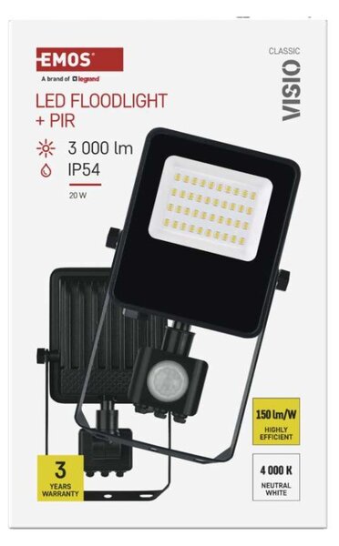 EMOS LED reflektor VISIO s pohybovým čidlem, 20 W, černý, neutrální bílá 1531292300