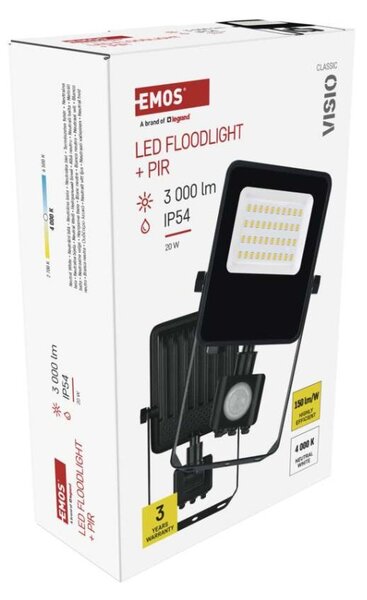 EMOS LED reflektor VISIO s pohybovým čidlem, 20 W, černý, neutrální bílá 1531292300