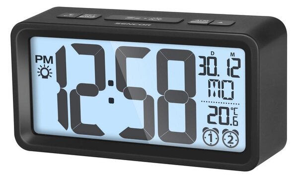 Sencor - Budík s LCD displejem a teploměrem 2xAAA černá