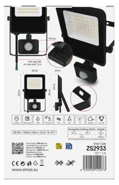 EMOS LED reflektor VISIO s pohybovým čidlem, 30 W, černý, neutrální bílá 1531293300