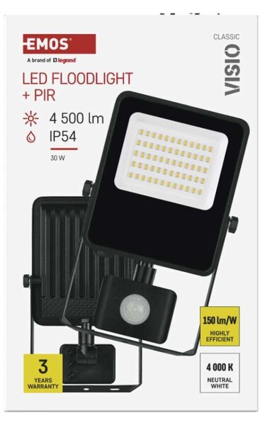 EMOS LED reflektor VISIO s pohybovým čidlem, 30 W, černý, neutrální bílá 1531293300