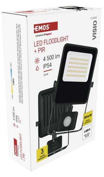 EMOS LED reflektor VISIO s pohybovým čidlem, 30 W, černý, neutrální bílá 1531293300