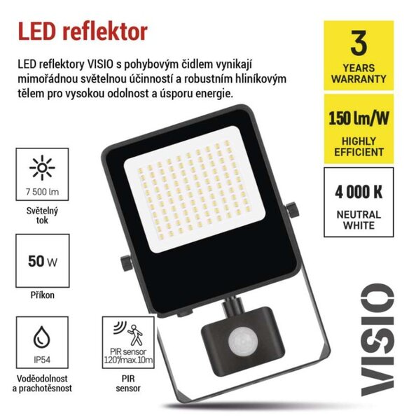 EMOS LED reflektor VISIO s pohybovým čidlem, 50 W, černý, neutrální bílá 1531294300