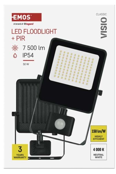 EMOS LED reflektor VISIO s pohybovým čidlem, 50 W, černý, neutrální bílá 1531294300