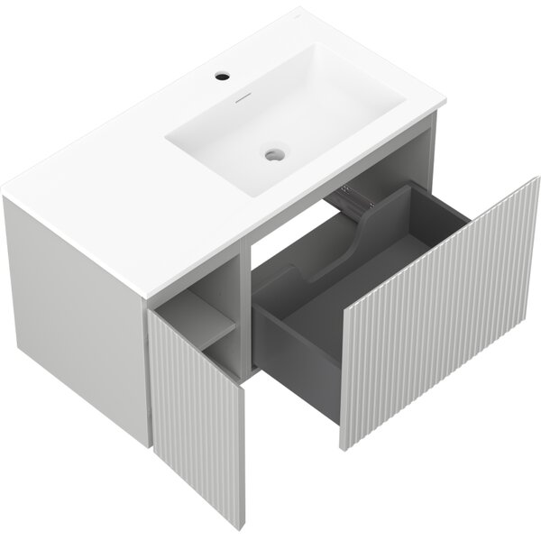 Mexen Rivel, koupelnová skříňka 90 cm s pravým umyvadlem Otis, 1S, 1D, drážkovaná, šedá matná/bílá matná - 91A23-09047-3-BBFF62-W18P01