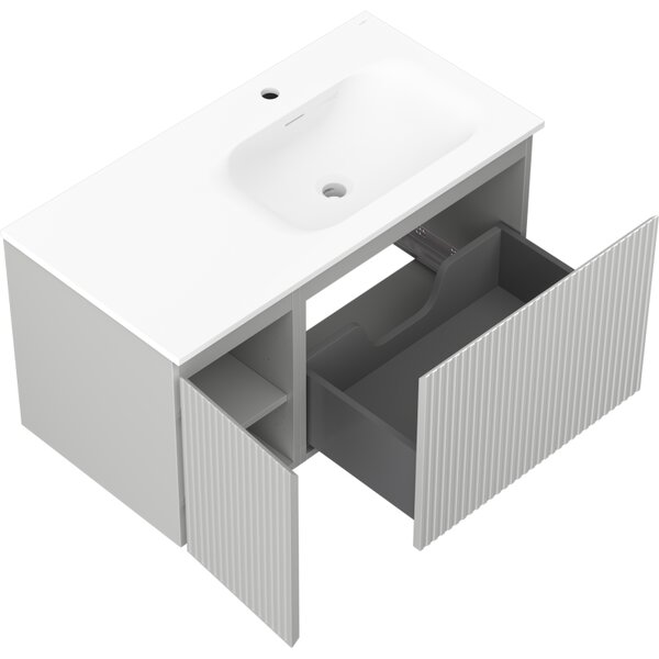 Mexen Rivel, koupelnová skříňka 90 cm s pravým umyvadlem Vela, 1S, 1D, drážkovaná, šedá matná/bílá matná - 91A23-09047-3-BBFF62-W23P01