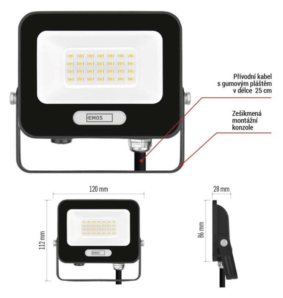 EMOS LED reflektor GLARO 20W, černý, IP65, 2000 lm, neutrální bílá 1531222400