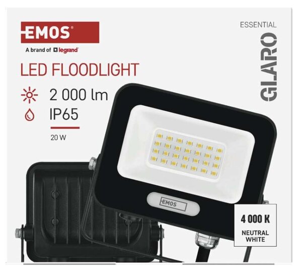 EMOS LED reflektor GLARO 20W, černý, IP65, 2000 lm, neutrální bílá 1531222400