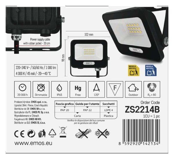 EMOS LED reflektor GLARO 10W, černý, IP65, 1000 lm, neutrální bílá 1531221400