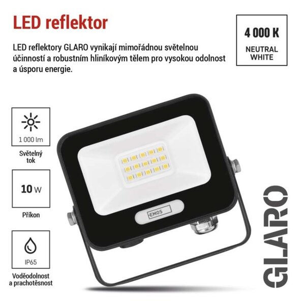 EMOS LED reflektor GLARO 10W, černý, IP65, 1000 lm, neutrální bílá 1531221400
