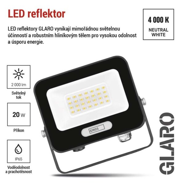 EMOS LED reflektor GLARO 20W, černý, IP65, 2000 lm, neutrální bílá 1531222400