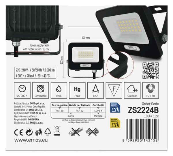 EMOS LED reflektor GLARO 20W, černý, IP65, 2000 lm, neutrální bílá 1531222400
