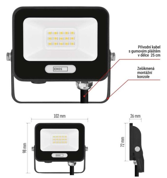 EMOS LED reflektor GLARO 10W, černý, IP65, 1000 lm, neutrální bílá 1531221400