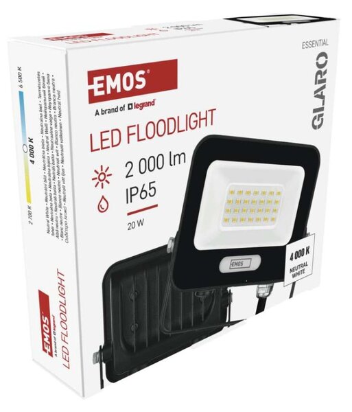 EMOS LED reflektor GLARO 20W, černý, IP65, 2000 lm, neutrální bílá 1531222400
