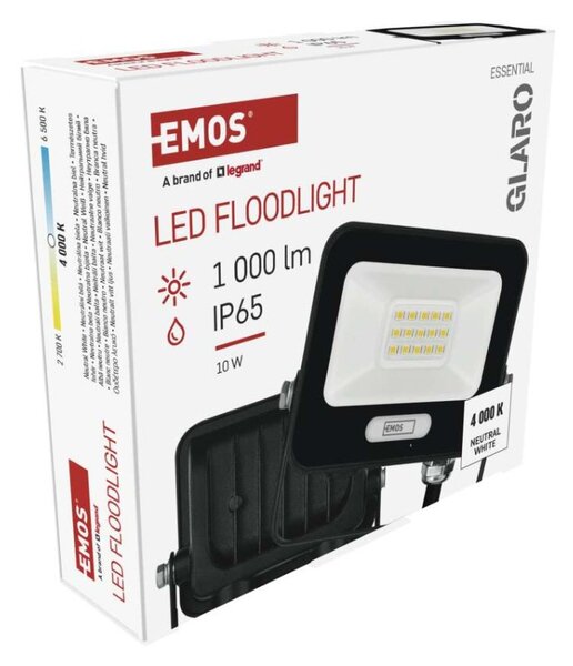 EMOS LED reflektor GLARO 10W, černý, IP65, 1000 lm, neutrální bílá 1531221400