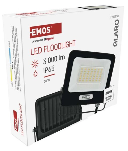 EMOS LED reflektor GLARO 30W, černý, IP65, 3000 lm, neutrální bílá 1531223400