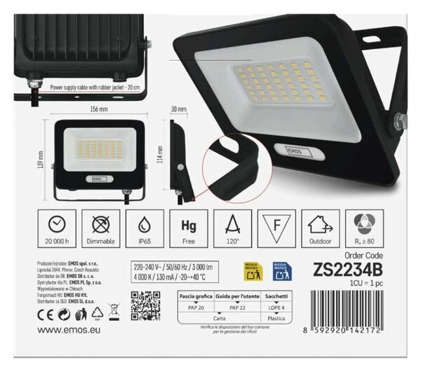 EMOS LED reflektor GLARO 30W, černý, IP65, 3000 lm, neutrální bílá 1531223400