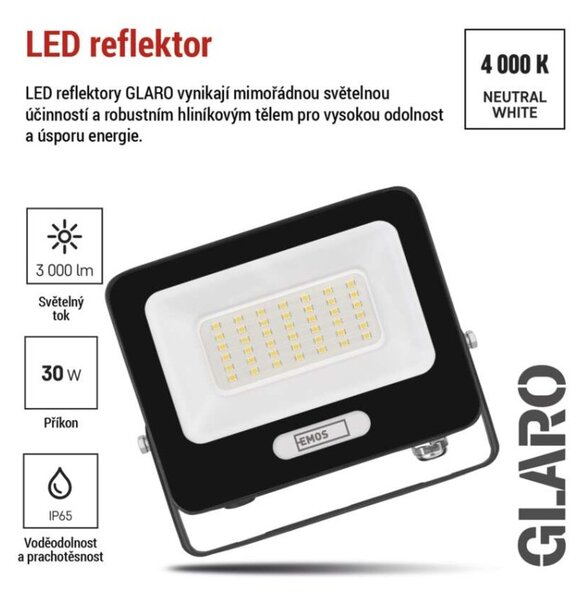 EMOS LED reflektor GLARO 30W, černý, IP65, 3000 lm, neutrální bílá 1531223400
