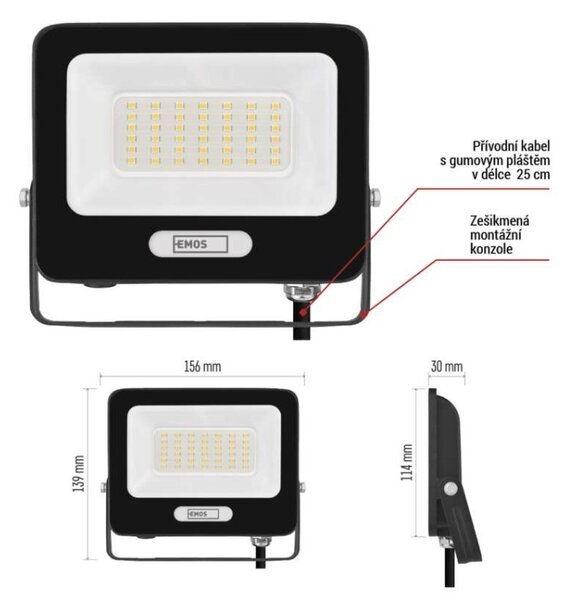 EMOS LED reflektor GLARO 30W, černý, IP65, 3000 lm, neutrální bílá 1531223400