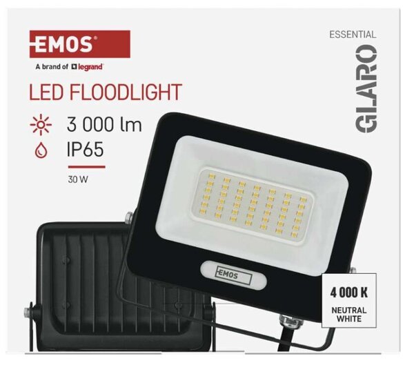 EMOS LED reflektor GLARO 30W, černý, IP65, 3000 lm, neutrální bílá 1531223400