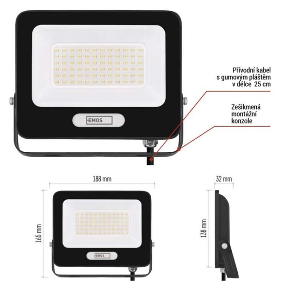 EMOS LED reflektor GLARO 50W, černý, IP65, 5000 lm, neutrální bílá 1531224400