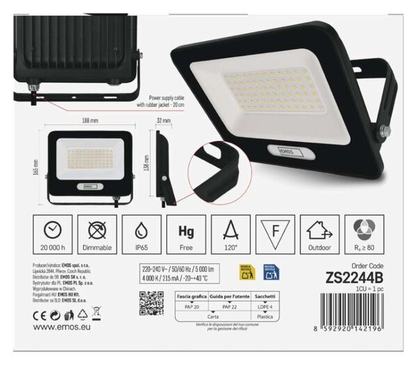 EMOS LED reflektor GLARO 50W, černý, IP65, 5000 lm, neutrální bílá 1531224400