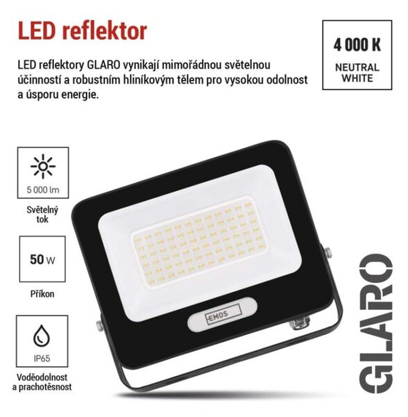 EMOS LED reflektor GLARO 50W, černý, IP65, 5000 lm, neutrální bílá 1531224400