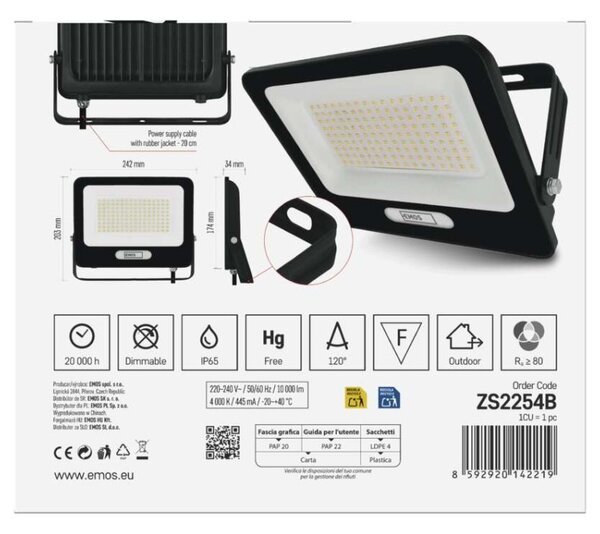 EMOS LED reflektor GLARO 100W, černý, IP65, 10000 lm, neutrální bílá 1531225400