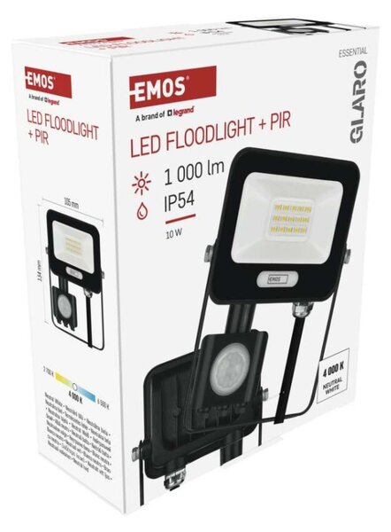 EMOS LED reflektor GLARO s pohybovým čidlem, 10 W, černý, IP54, 1000 lm, neutrální bílá 1531231400