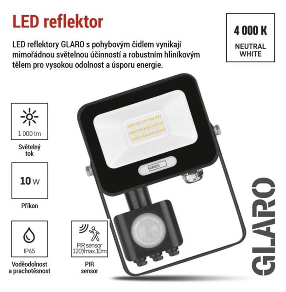 EMOS LED reflektor GLARO s pohybovým čidlem, 10 W, černý, IP54, 1000 lm, neutrální bílá 1531231400
