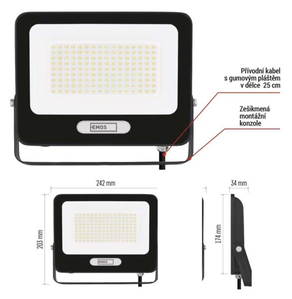 EMOS LED reflektor GLARO 100W, černý, IP65, 10000 lm, neutrální bílá 1531225400