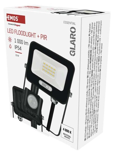 EMOS LED reflektor GLARO s pohybovým čidlem, 10 W, černý, IP54, 1000 lm, neutrální bílá 1531231400