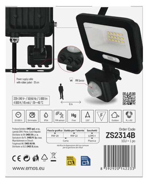 EMOS LED reflektor GLARO s pohybovým čidlem, 10 W, černý, IP54, 1000 lm, neutrální bílá 1531231400