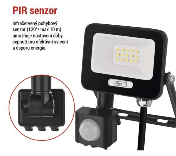 EMOS LED reflektor GLARO s pohybovým čidlem, 10 W, černý, IP54, 1000 lm, neutrální bílá 1531231400