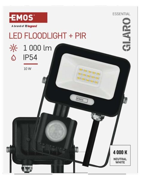 EMOS LED reflektor GLARO s pohybovým čidlem, 10 W, černý, IP54, 1000 lm, neutrální bílá 1531231400