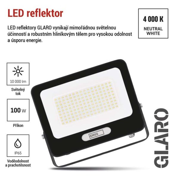EMOS LED reflektor GLARO 100W, černý, IP65, 10000 lm, neutrální bílá 1531225400