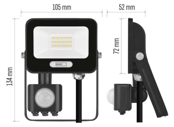 EMOS LED reflektor GLARO s pohybovým čidlem, 10 W, černý, IP54, 1000 lm, neutrální bílá 1531231400