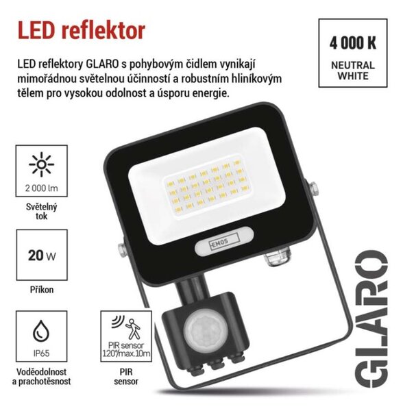EMOS LED reflektor GLARO s pohybovým čidlem, 50 W, černý, IP54, 2000 lm, neutrální bílá 1531232400