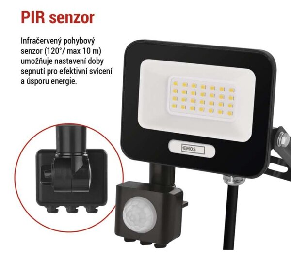 EMOS LED reflektor GLARO s pohybovým čidlem, 50 W, černý, IP54, 2000 lm, neutrální bílá 1531232400