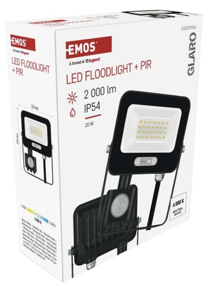 EMOS LED reflektor GLARO s pohybovým čidlem, 50 W, černý, IP54, 2000 lm, neutrální bílá 1531232400