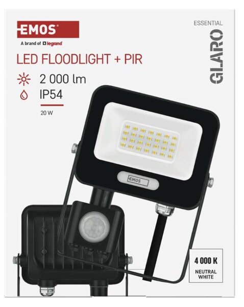 EMOS LED reflektor GLARO s pohybovým čidlem, 50 W, černý, IP54, 2000 lm, neutrální bílá 1531232400