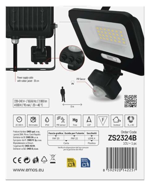 EMOS LED reflektor GLARO s pohybovým čidlem, 50 W, černý, IP54, 2000 lm, neutrální bílá 1531232400