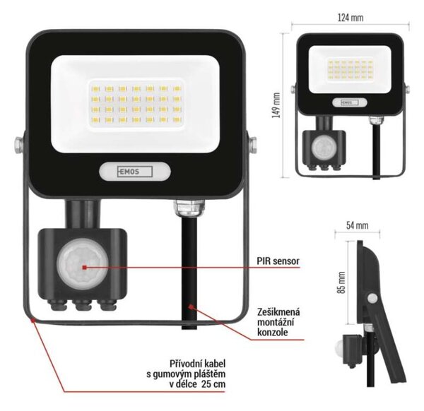 EMOS LED reflektor GLARO s pohybovým čidlem, 50 W, černý, IP54, 2000 lm, neutrální bílá 1531232400