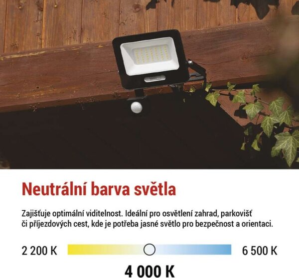 EMOS LED reflektor GLARO s pohybovým čidlem, 30 W, černý, IP54, 3000 lm, neutrální bílá 1531233400