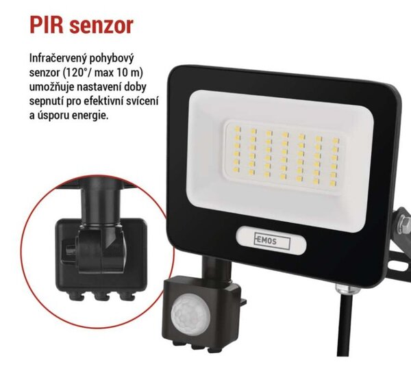 EMOS LED reflektor GLARO s pohybovým čidlem, 30 W, černý, IP54, 3000 lm, neutrální bílá 1531233400